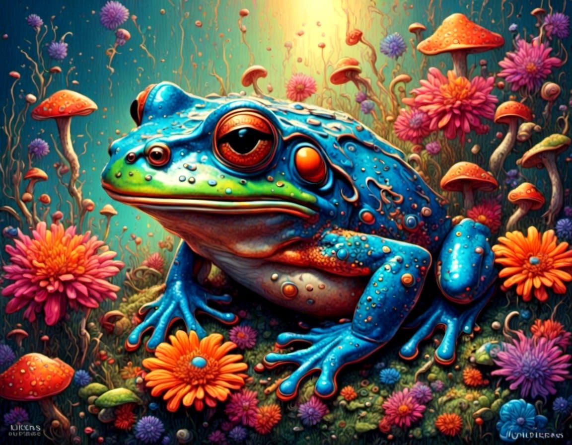 huge frog and mushrooms and flowers <lora:MAXimalism:1.0> <l...
