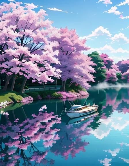  BLOOMING TREES, FLOWERING PINK BUSHES ON THE SHORELINE, A S...