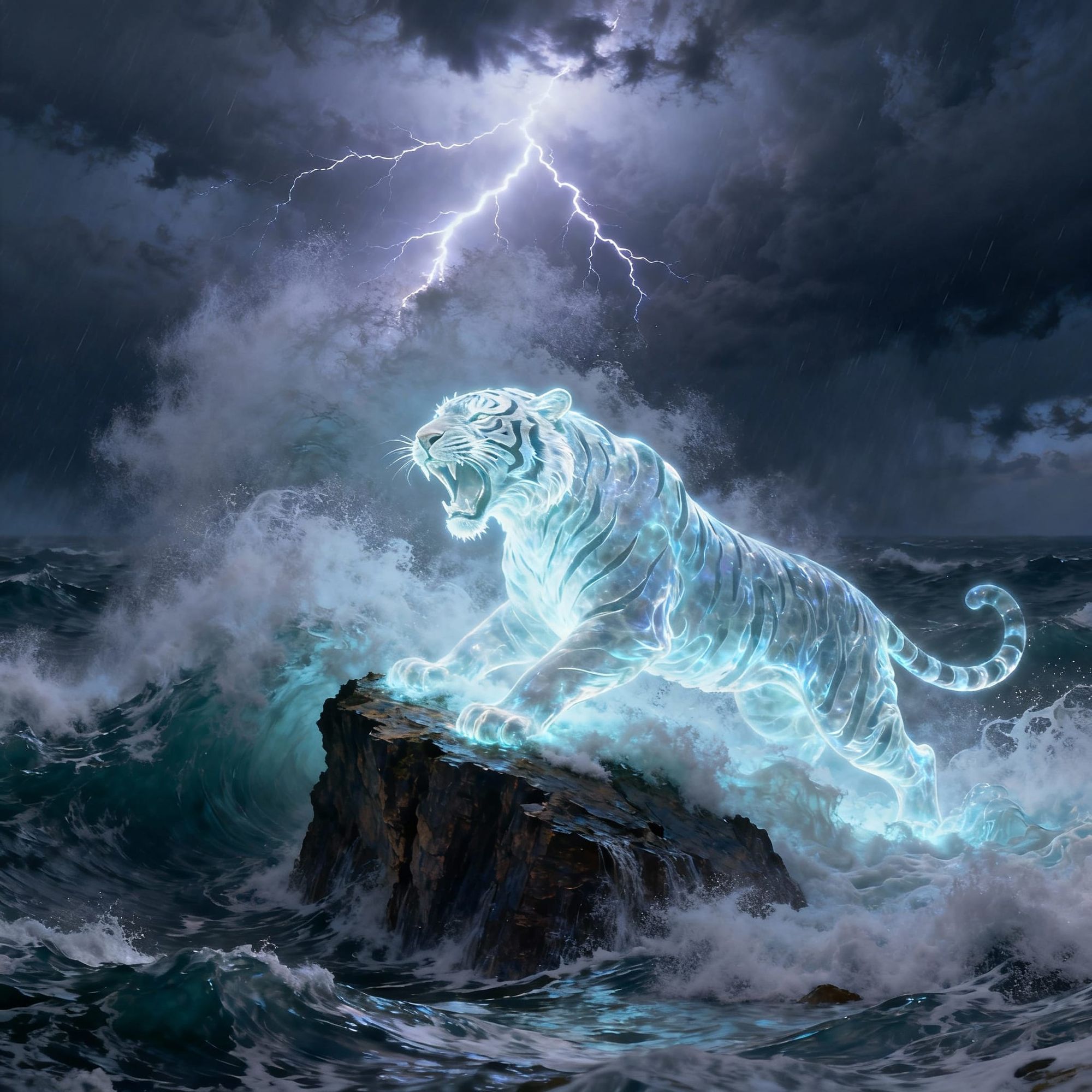 During a raging storm, massive waves crash against a jagged cliff, and from the churning sea foam emerges the fierce shape of a roaring tige...