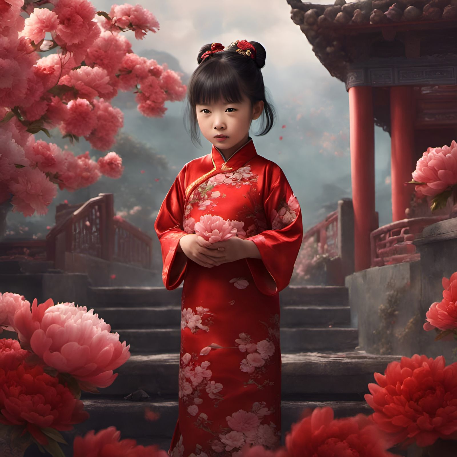 Chinese toddler girl, red qipao, cherry flowers, full color ...