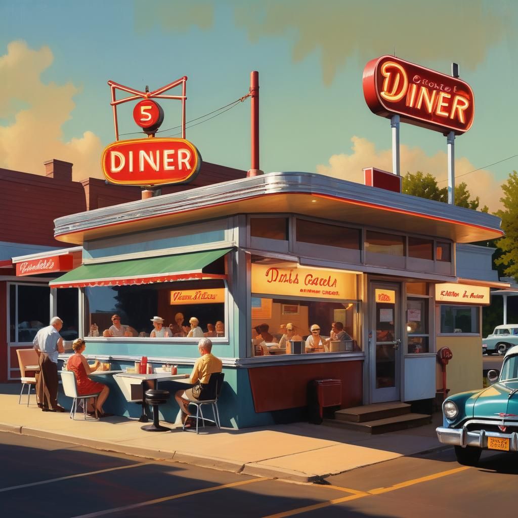 Art by Edward Hopper and Norman Rockwell, close-up of a vintage ...