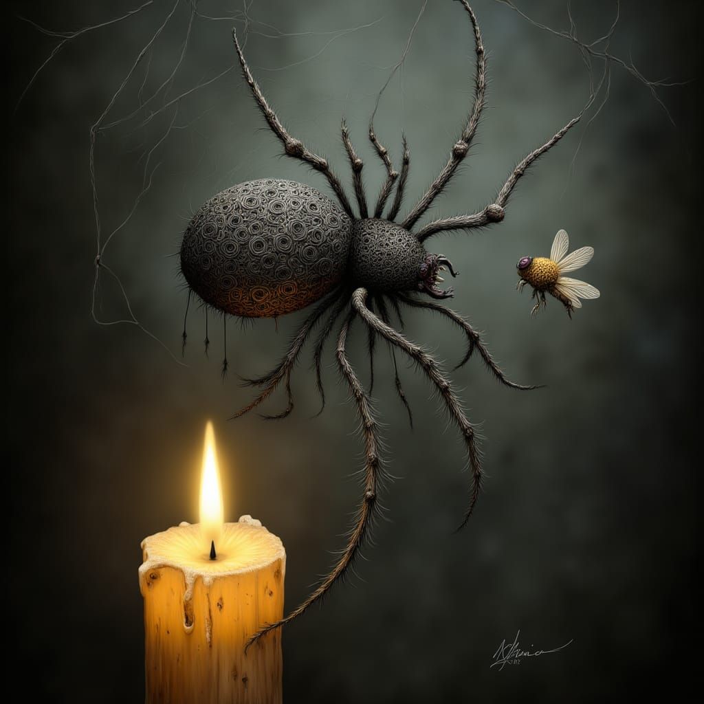 <lora:DIGI-DOLLYING AROUND:1.0> A spider in a dimly lit, rustic web, surrounded by eerie, flickering candlelight, observing a fly in mid-air...