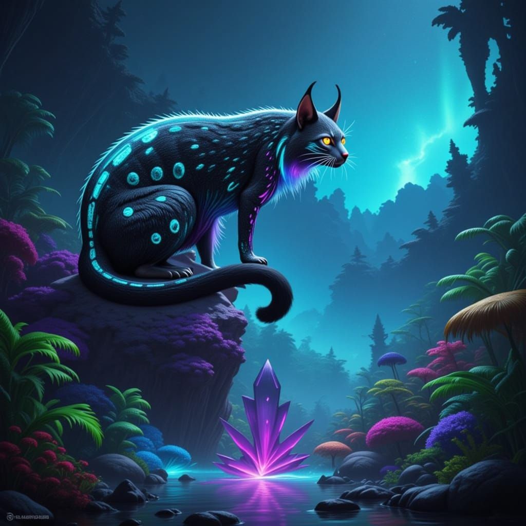 Fantasy concept art. A majestic, ethereal cat with cosmic patterns on its fur, perched on a crystal shard overlooking a vibrant, alien jungl...