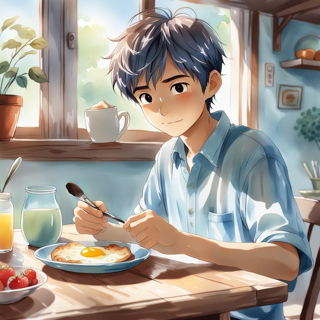 A sixyearold anime boy with a thin black border in bright pale colors