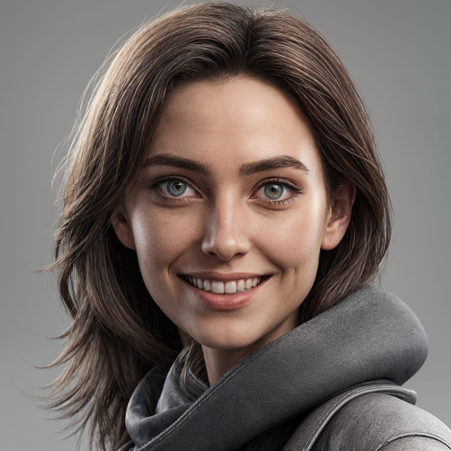 a 20-30yo woman with  attractive eyes, and a smile that acce...