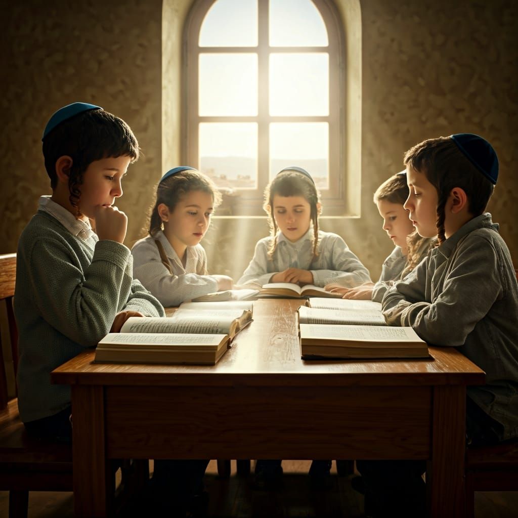 Children Studying Sacred Texts with Ethereal Light