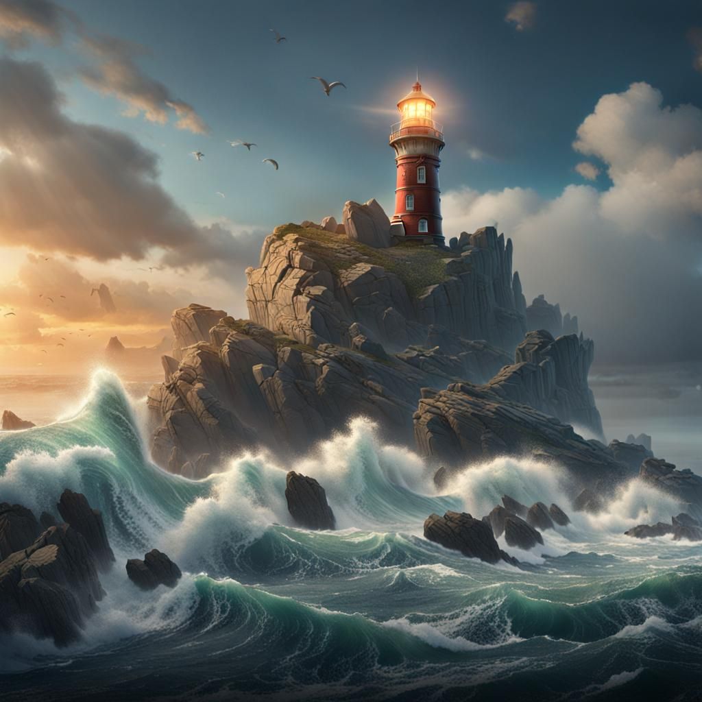 a lighthouse on a rocky outcropping that surrounded by crashing waves detailed matte painting, deep color, ...  by @DecloDee