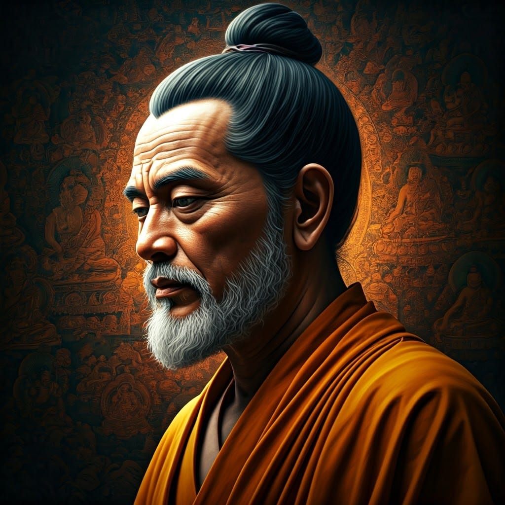 Hyperrealistic Portrait of Subhuti with Buddhist Murals