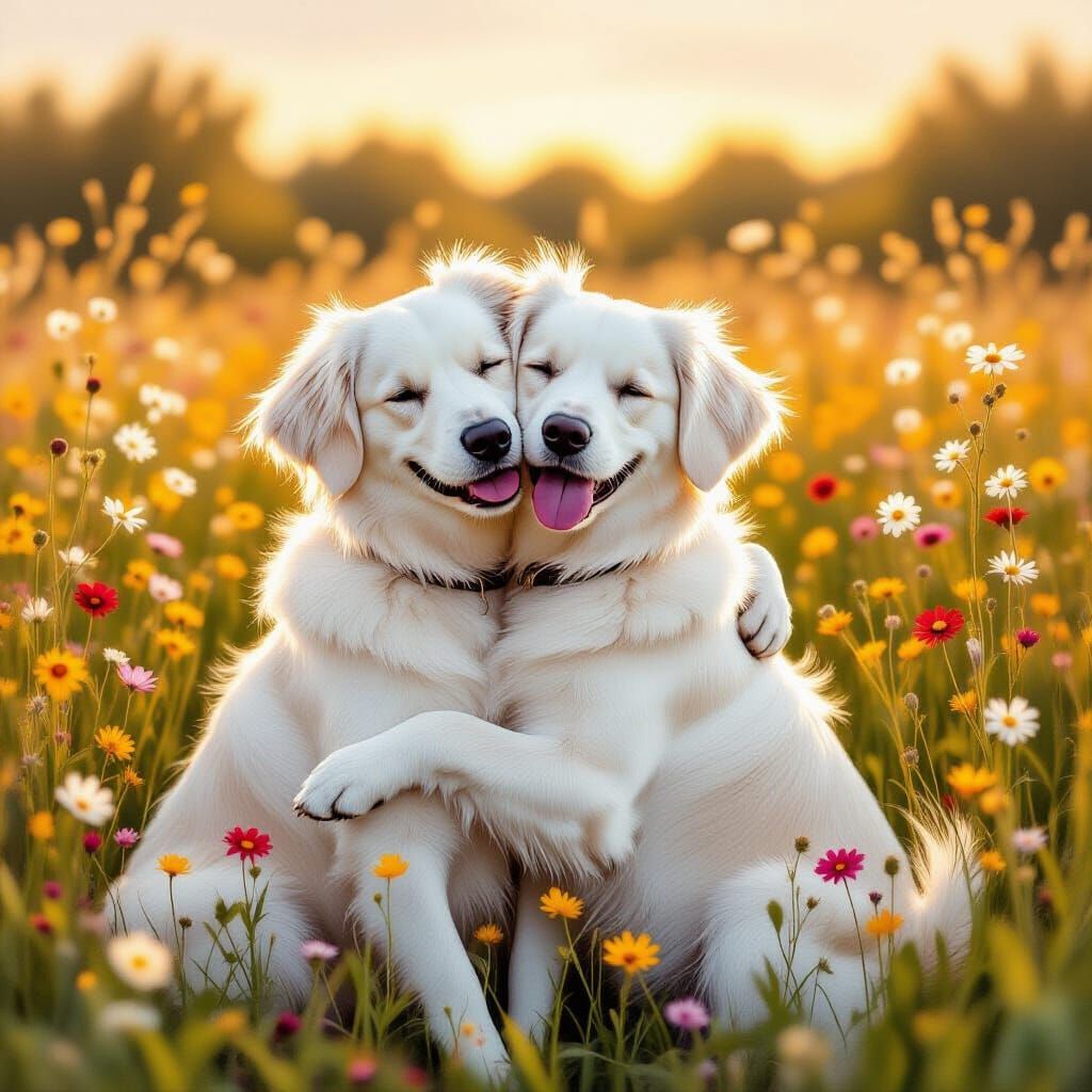 Two White Dogs Embrace in Wildflower Field