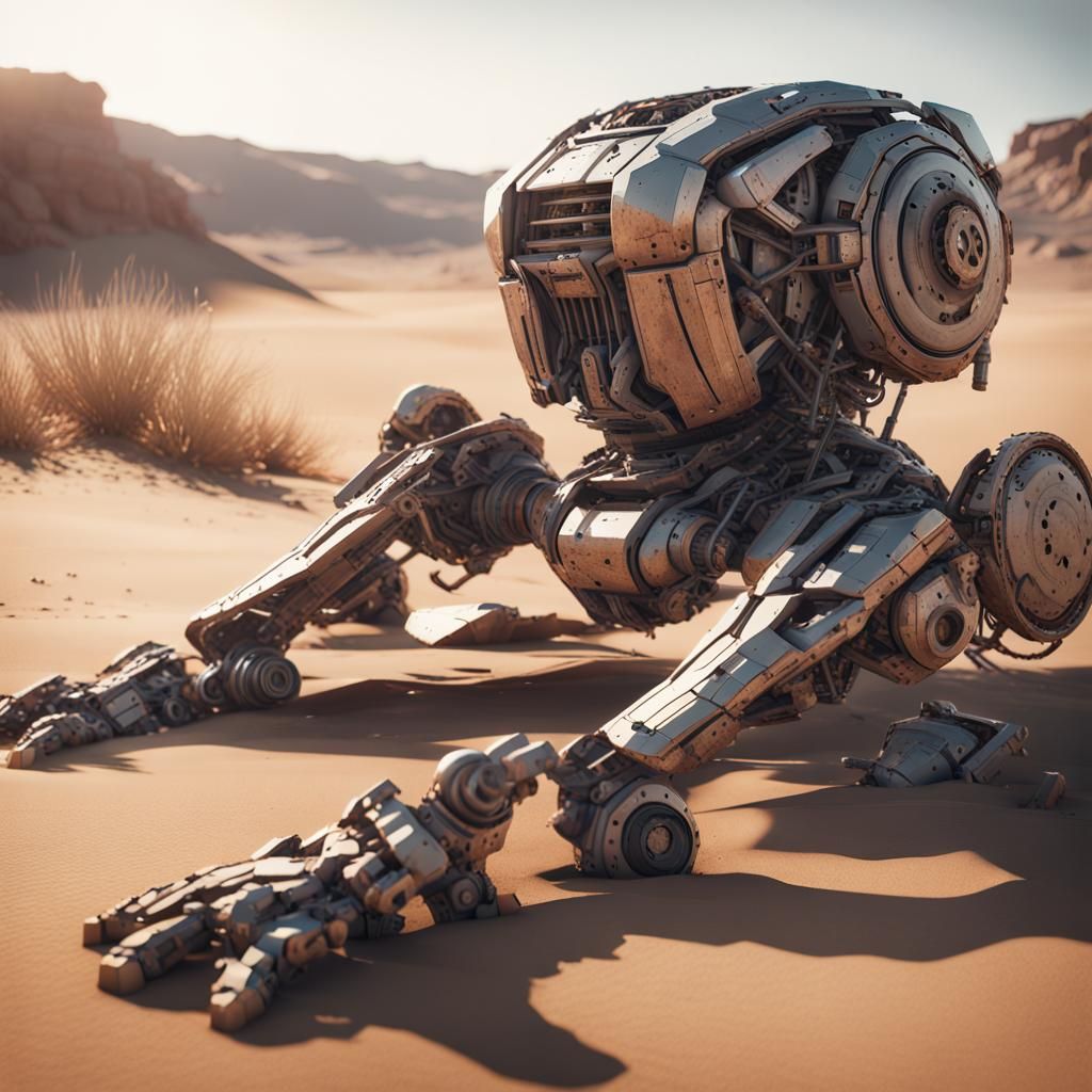 Remnants of an old massive robot lying dead in the desert