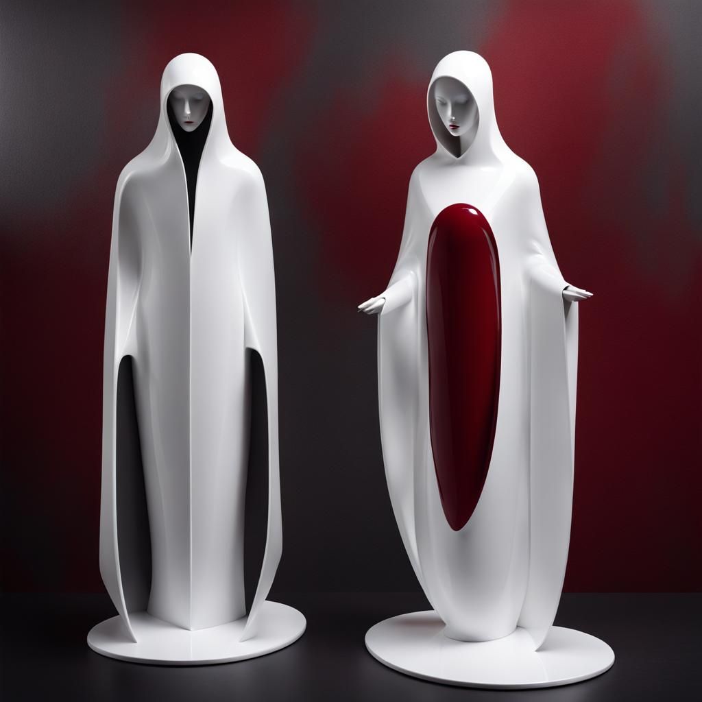 Mysterious Figures in White, Gray, and Red