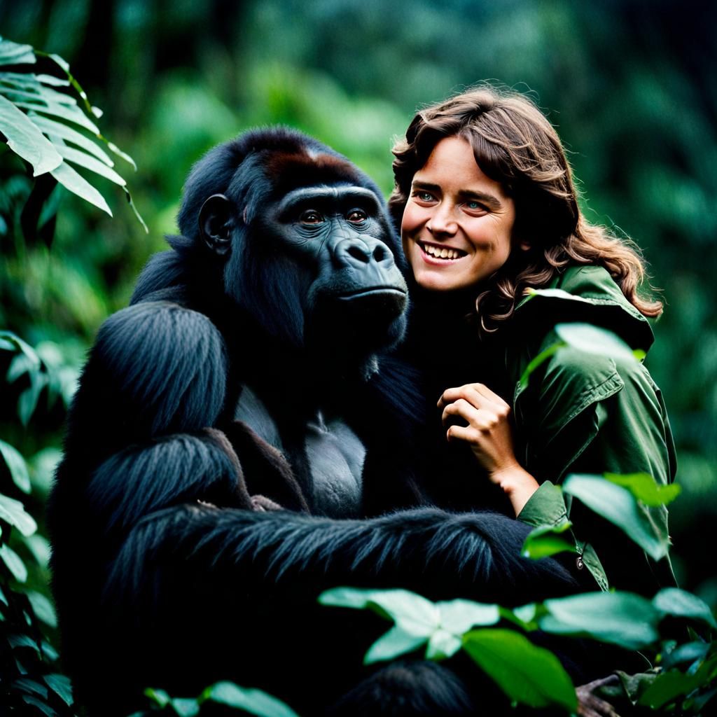 Young Diane Fossey bonding with gorilla