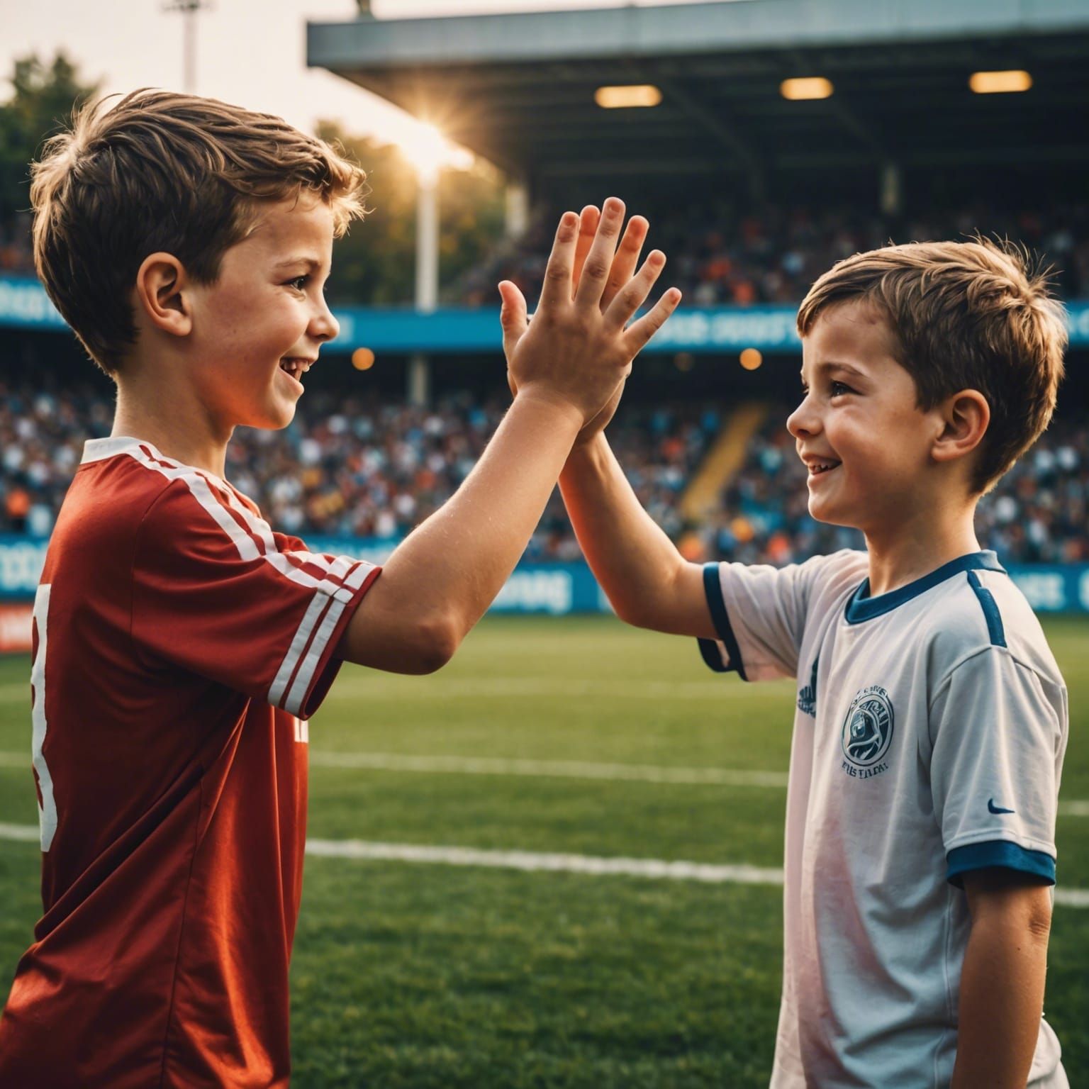 Boys Celebrate with High Five on Football Field