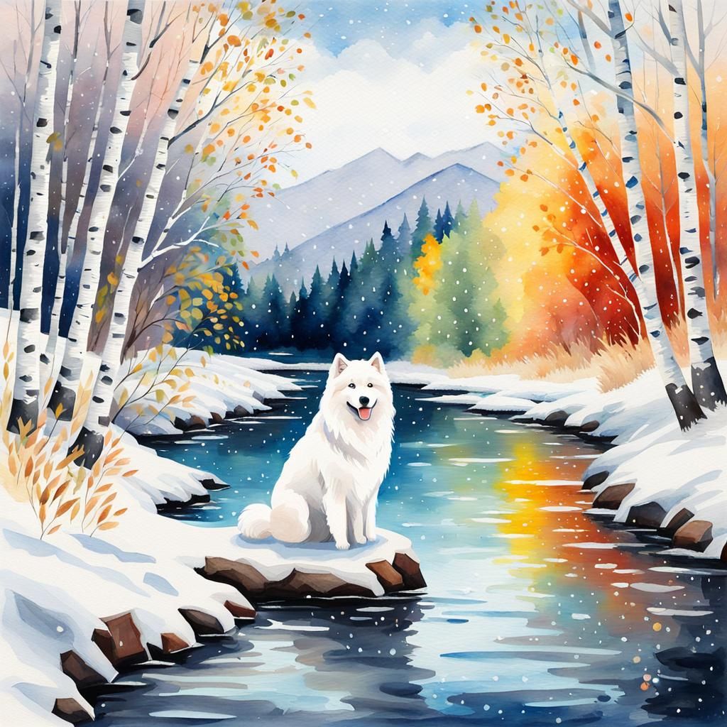 Samoyed next to a river  by @FireHorse