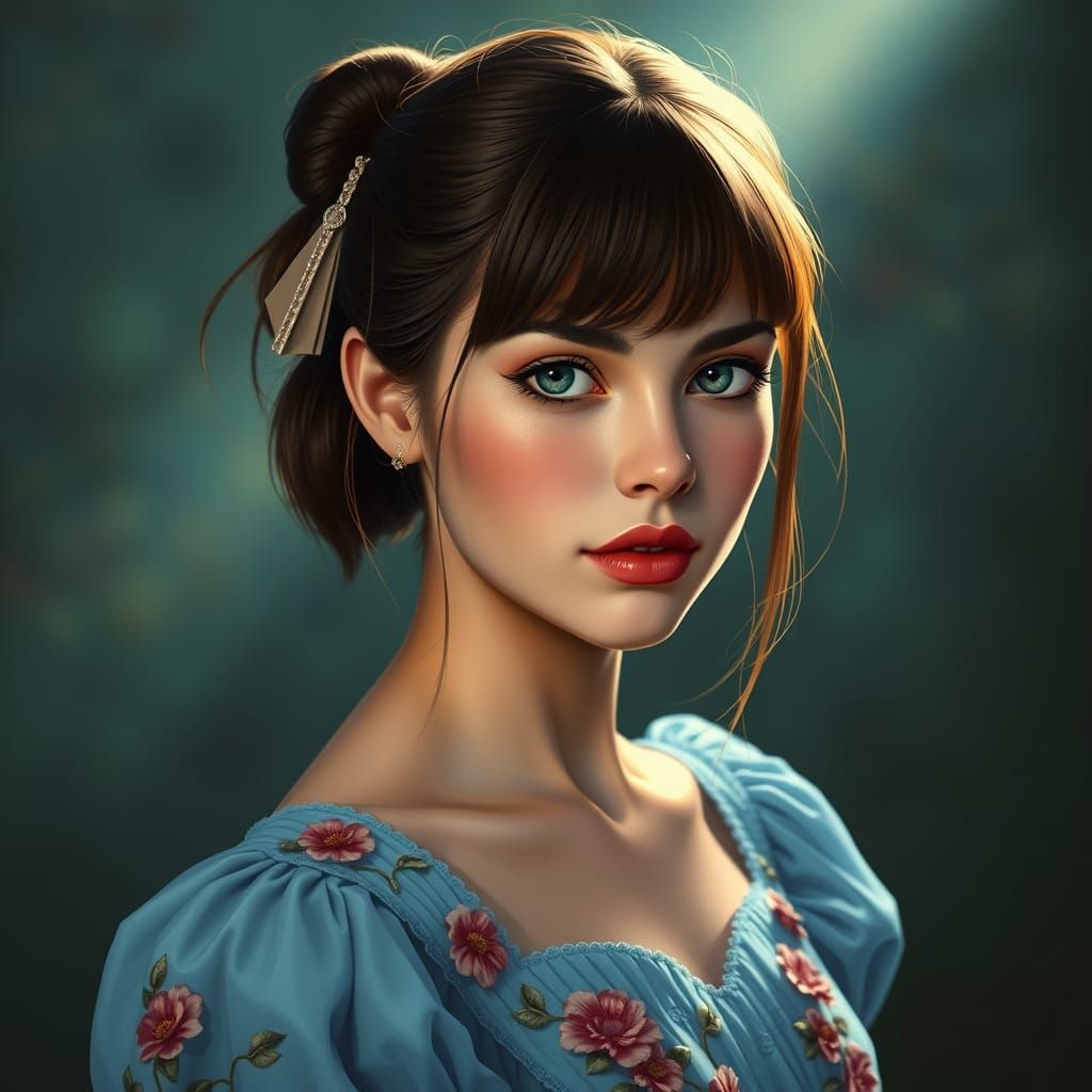 A beautiful young straight-haired, brown-haired, dull gray-eyed woman, in her 20s, with rosy cheeks, with fair skin, looking directly ahead ...