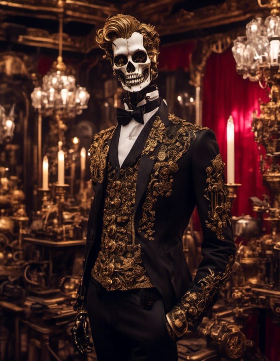 <lora:Mechanics:1.0>  a buttler  in a black and gold tuxedo , beautiful porcelain  skin  , in a neon background , luxury golden hotel, red c...