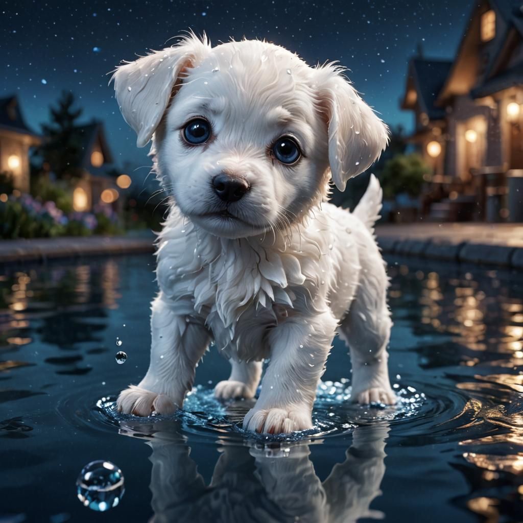 A digitally rendered image of a white cute little puppy  rea...