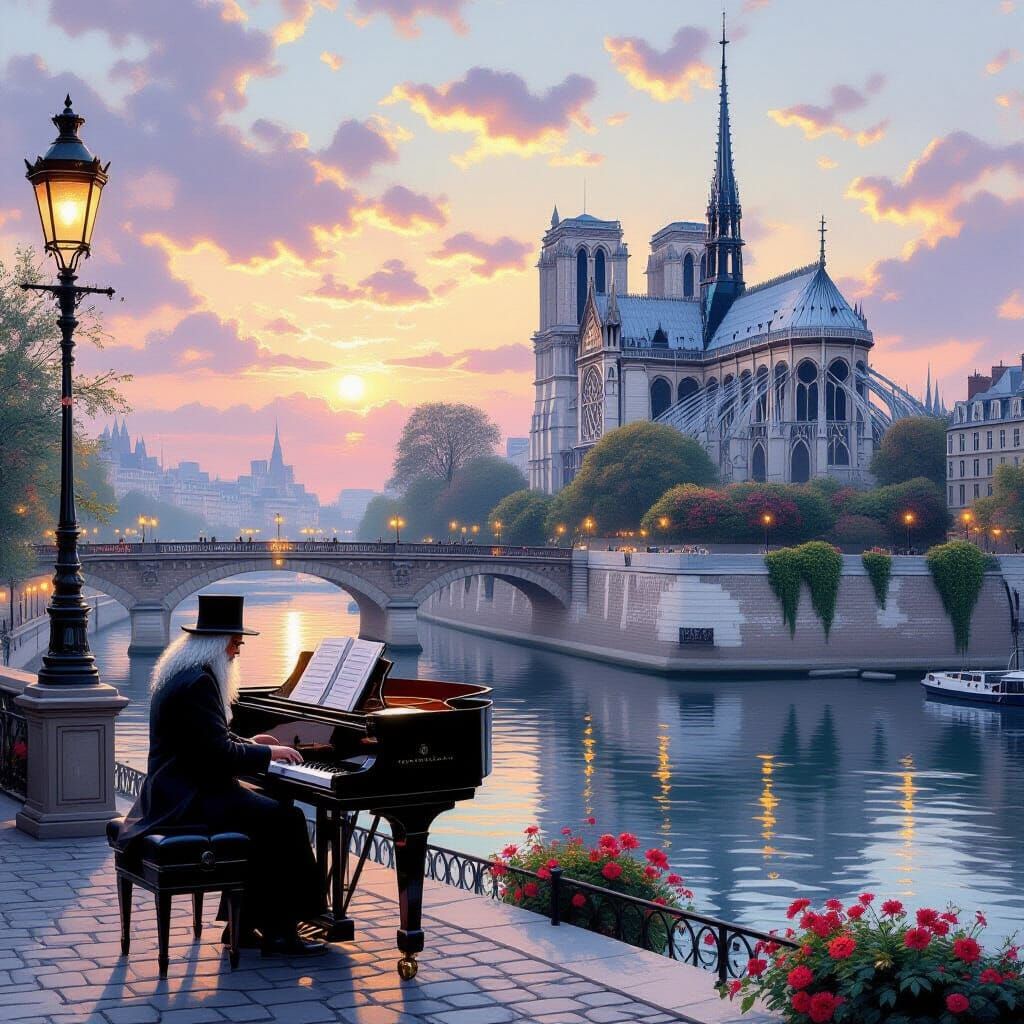 Old Man Plays Piano Under Bridge with Eiffel Tower