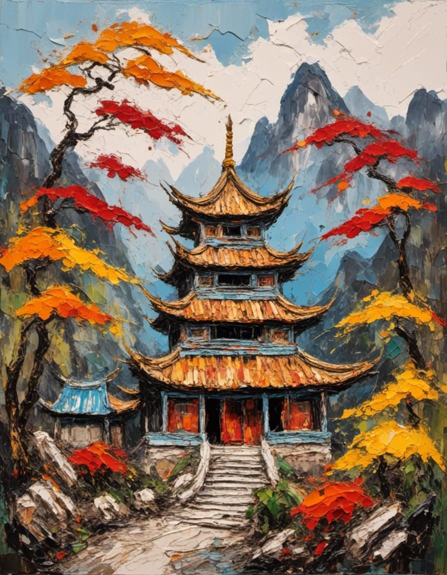 <lora:ImpastoMix1:1.0> temple in the chinese highlands