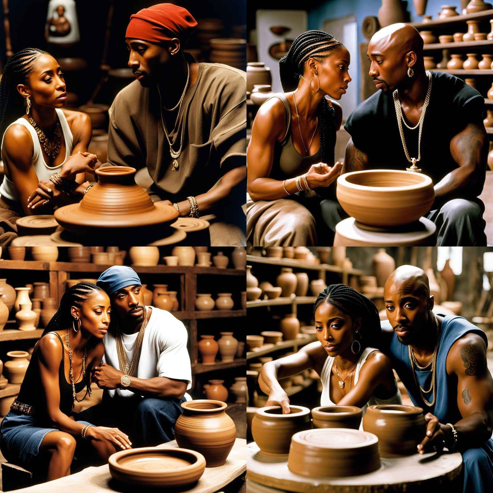 Jada Pinket, Tupac, Jada Smith sitting down in front of pott...