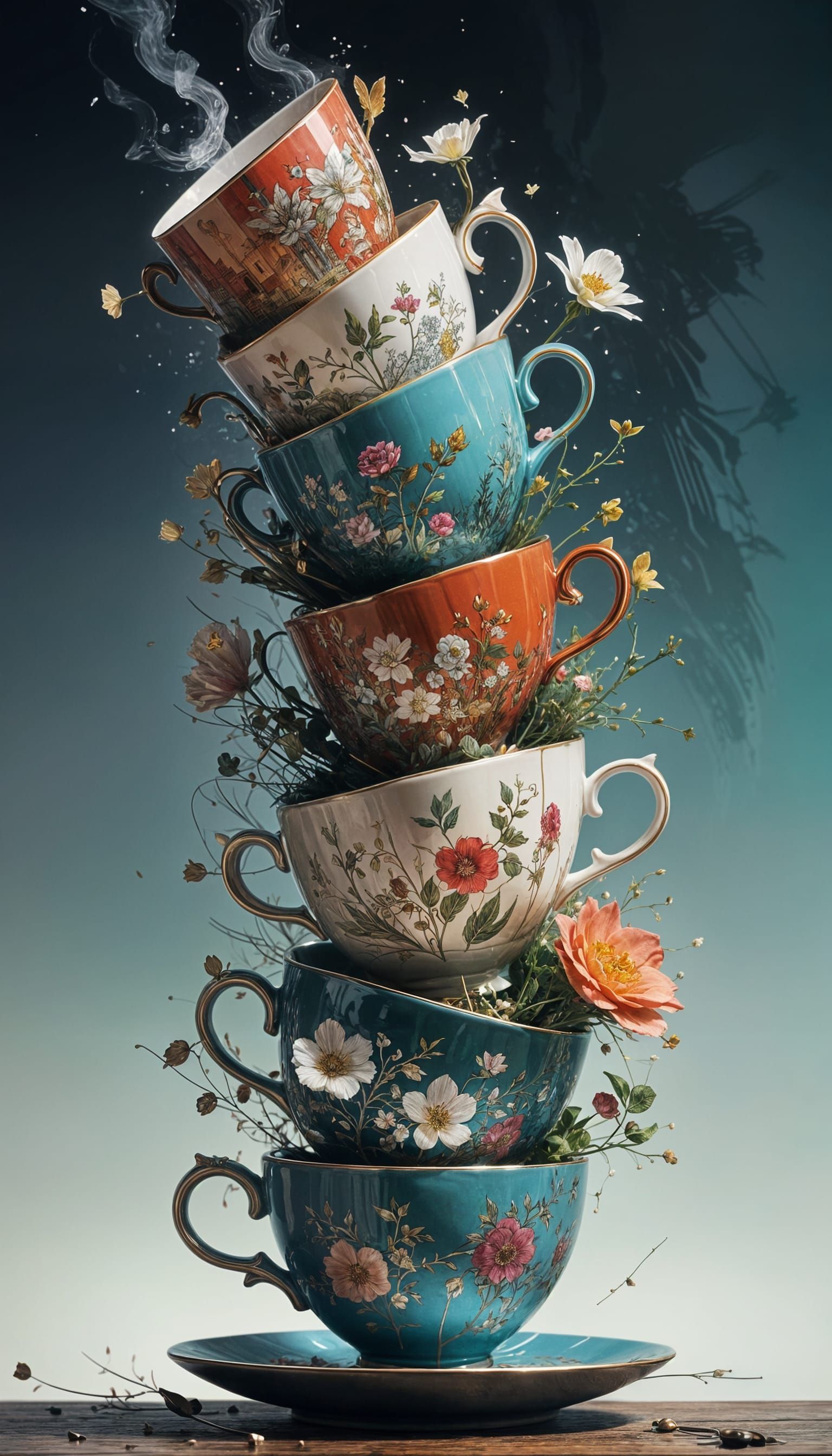 Whimsical tower of teacups with flowers  by @kirra-anne-ramirez