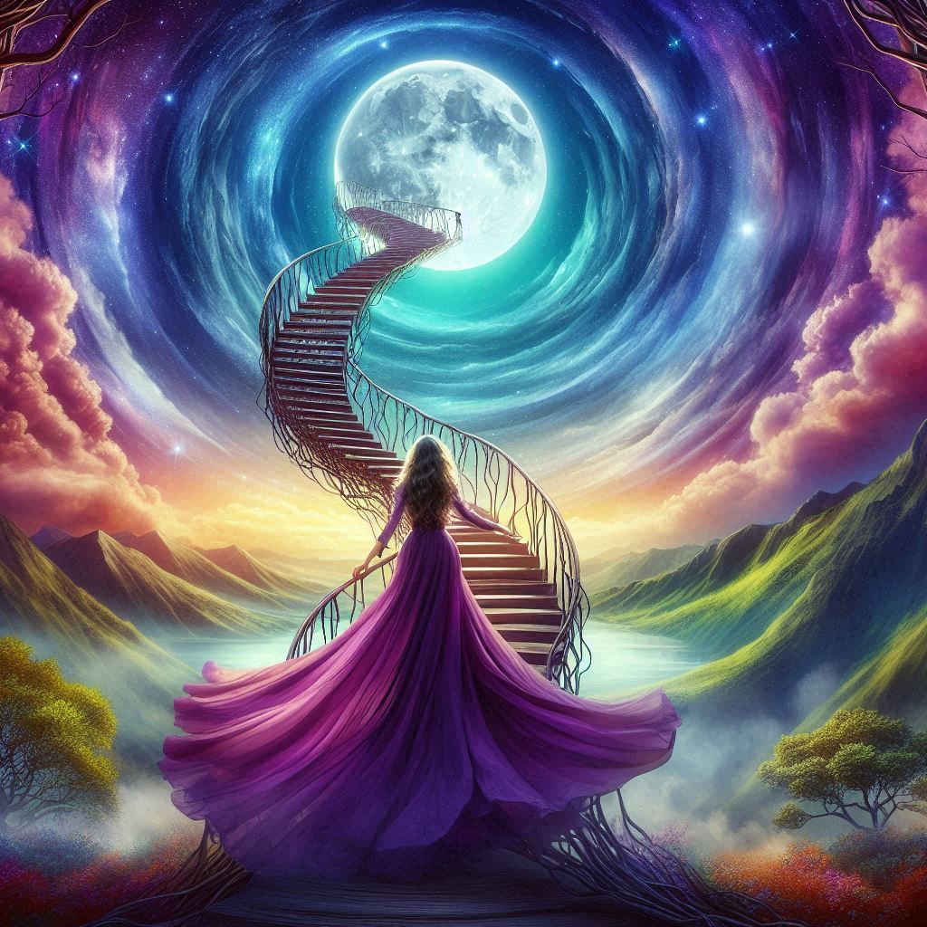 woman on a staircase to the moon.