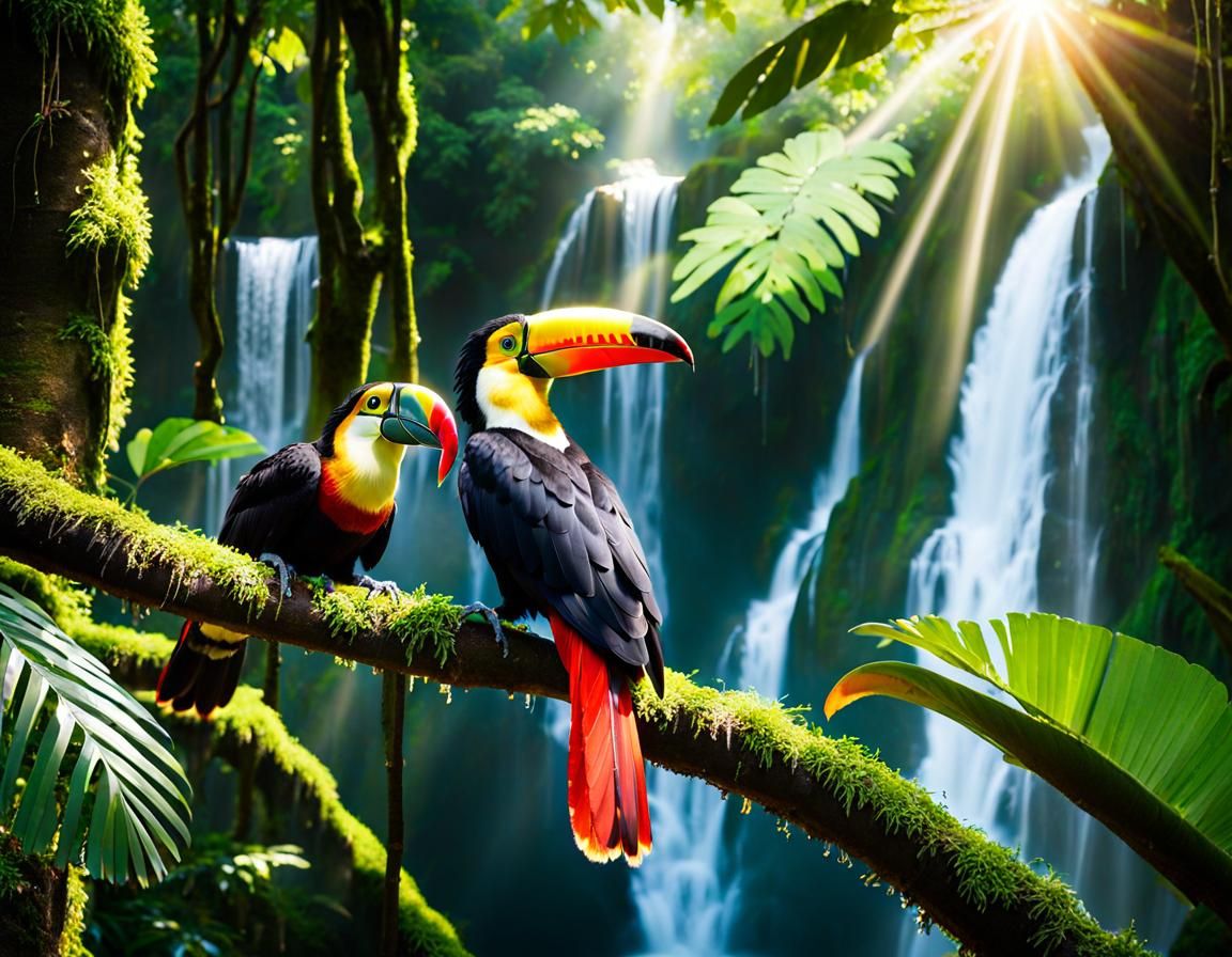 Toucans Visiting a Waterfall in the Rainforest  by @KBunny001