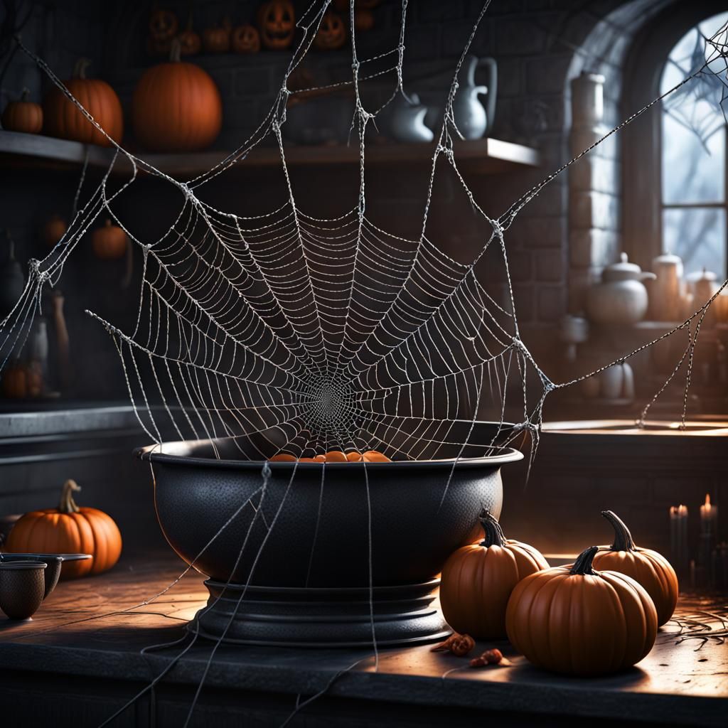 Spooky spiderweb covered stew-pot.