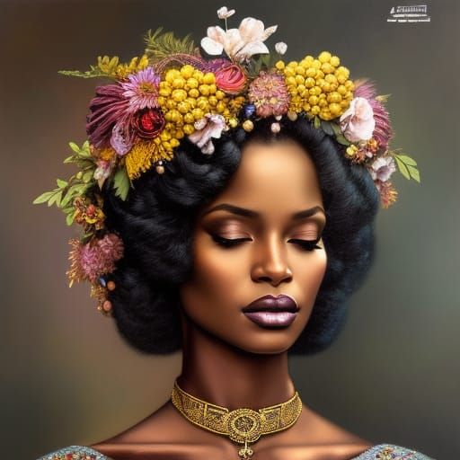 african queen covered in flowers, gorgeous black woman in a stunning ...