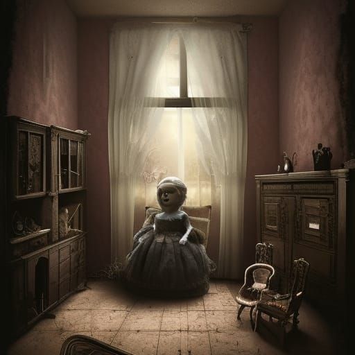 deep in the dark night of the abandoned living room sat a do...