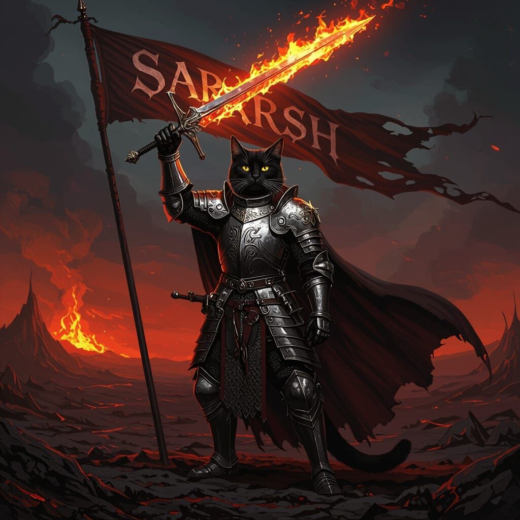 Tuxedo Cat Knight in gleaming medieval armor design, standing proudly on a battlefield at in Mordor, with a flaming sword raised and a banne...
