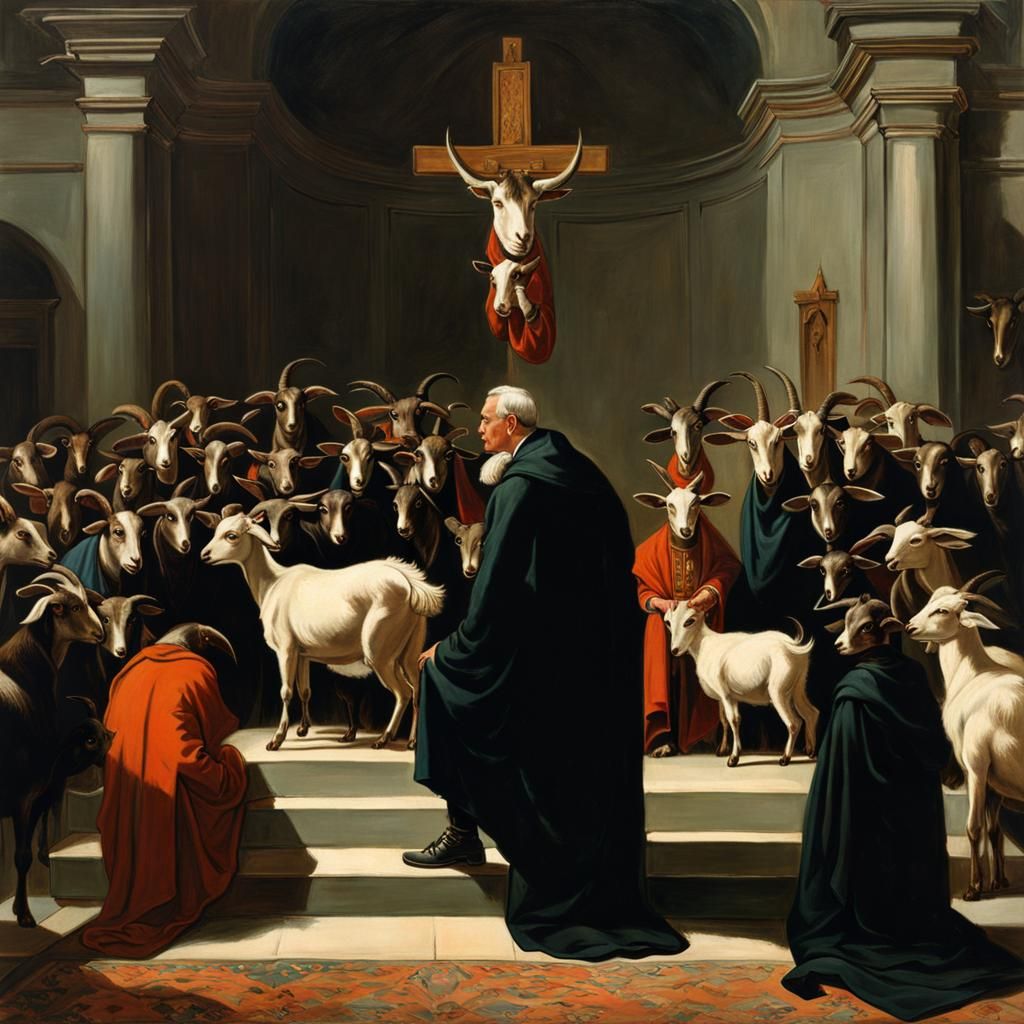 A Priest sitting on the podium toilet with pants down, goats...