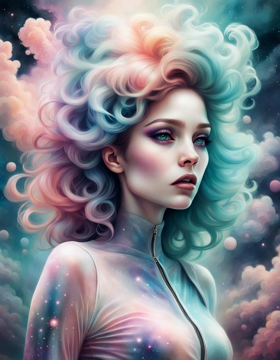 hyperrealistic art mysterious nebula girl as thought by Anna...