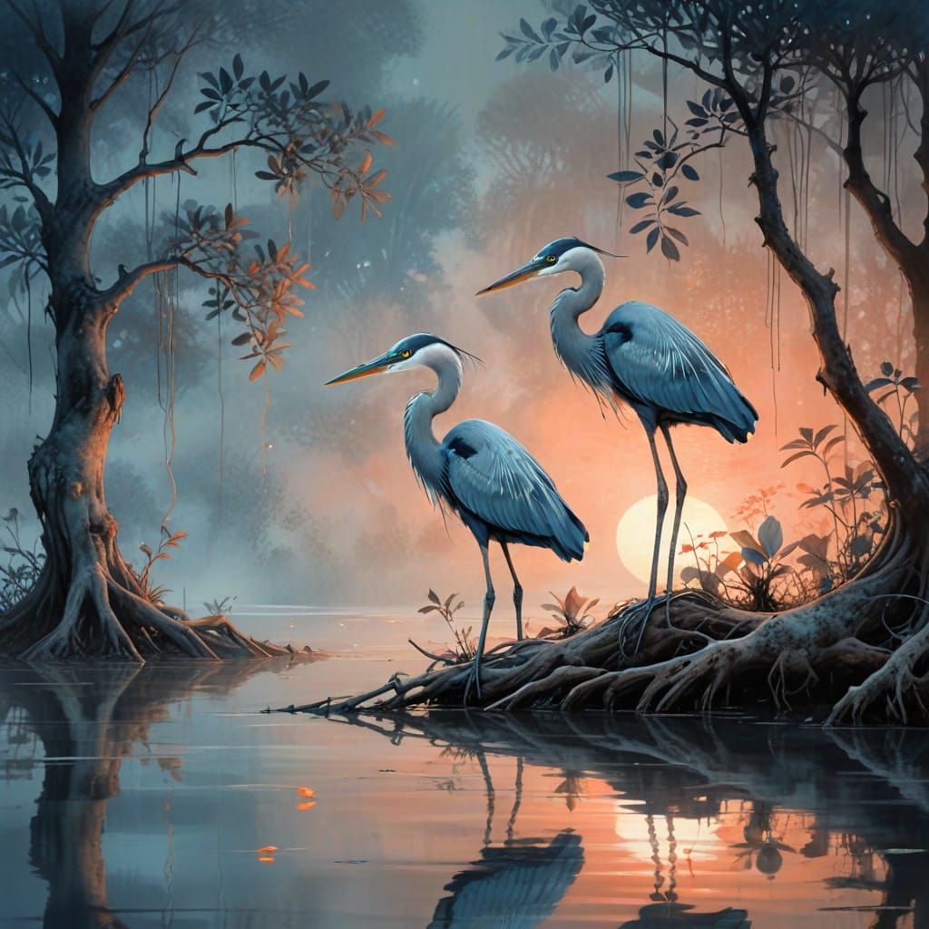 Two herons in the mangrove forest  by @Tolino