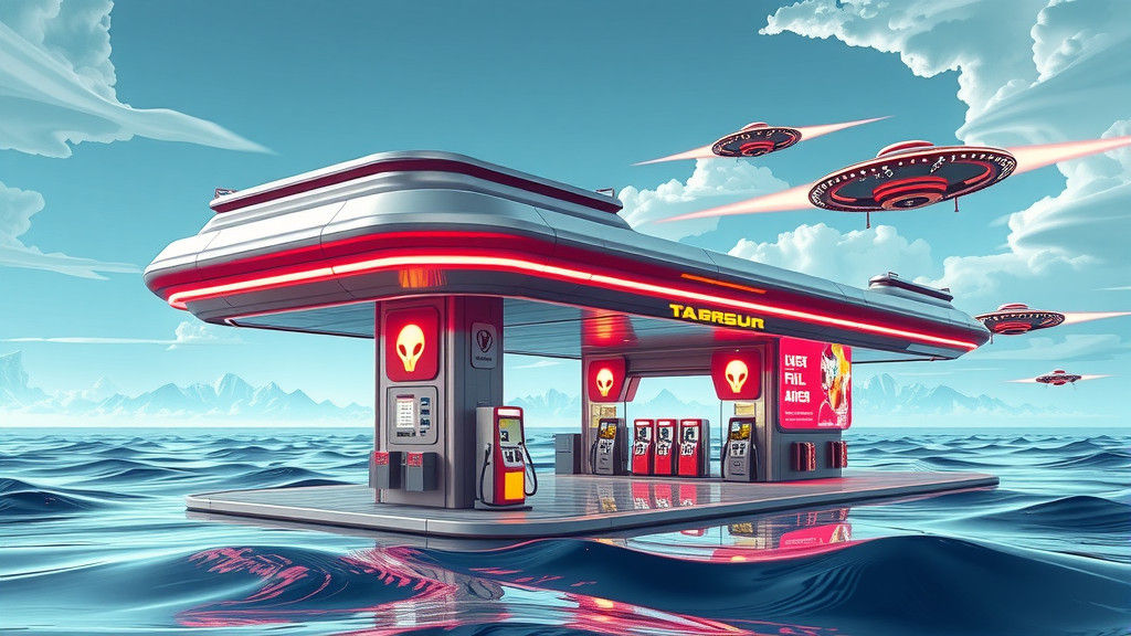 A high-tech gas station with neon alien symbols and glowing fuel pumps, entire station floating just off a cliff on anti-gravity tensors, UF...