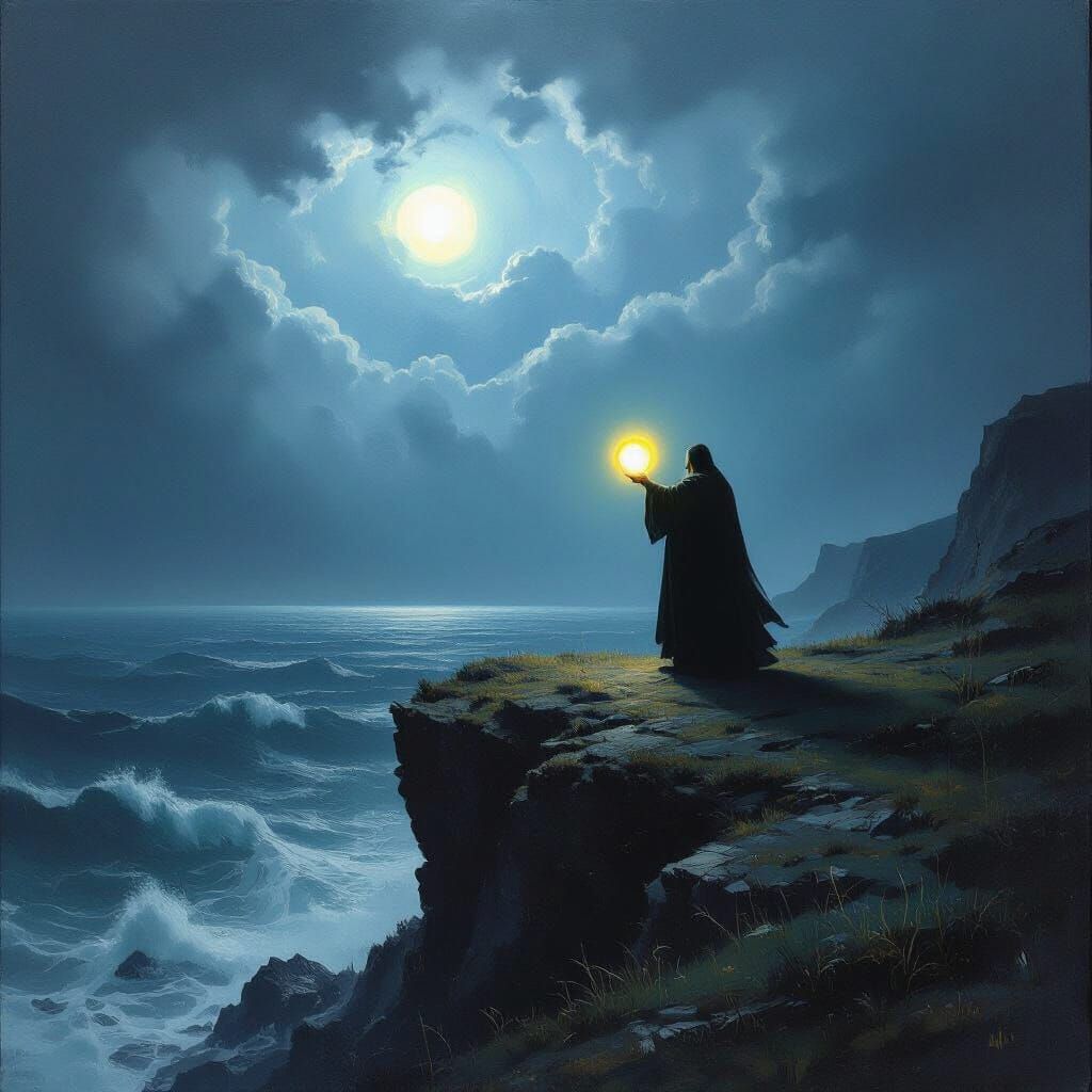 Dark Fantasy Oil Painting of Figure on Stormy Cliff