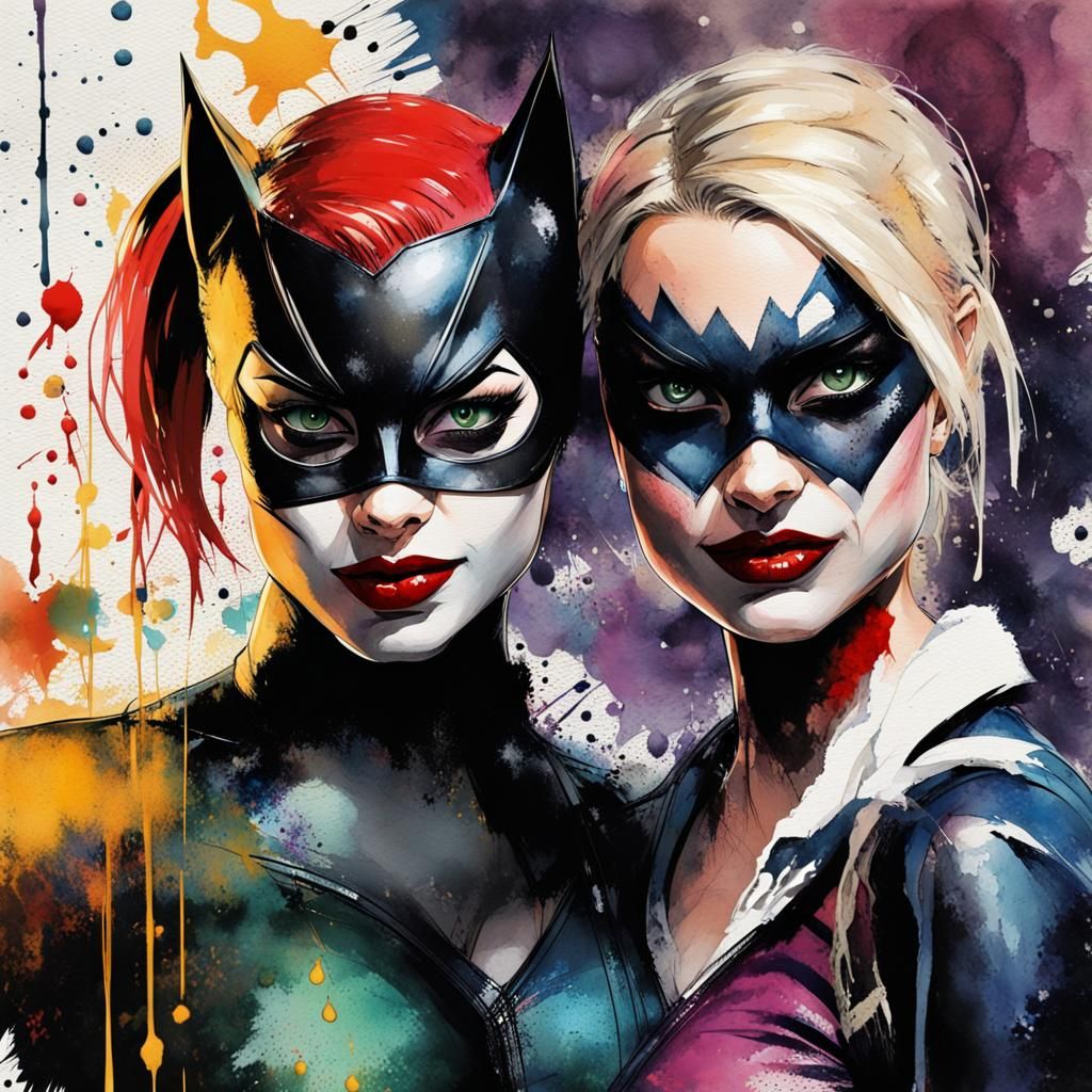 Catwoman and Harley Quinn, exchanging outfits - AI Generated Artwork ...