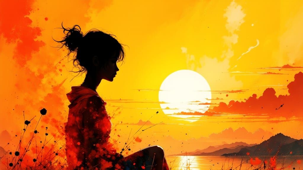 "Orange" beautiful closeup light orange sunset splash art painting; silhouette of a person sitting watching the sunset; amazing light yellow...