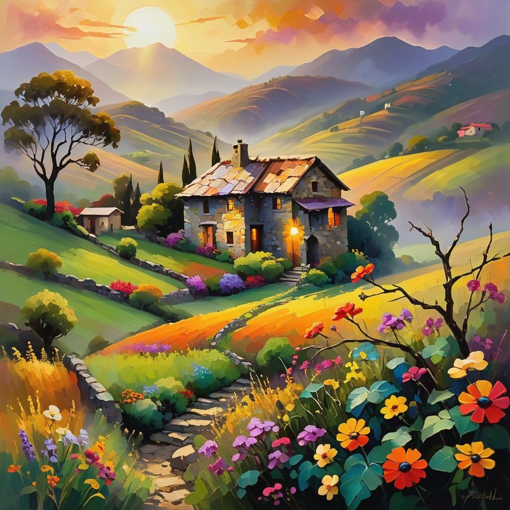 Expressionist Landscape with Stone House in Golden Light