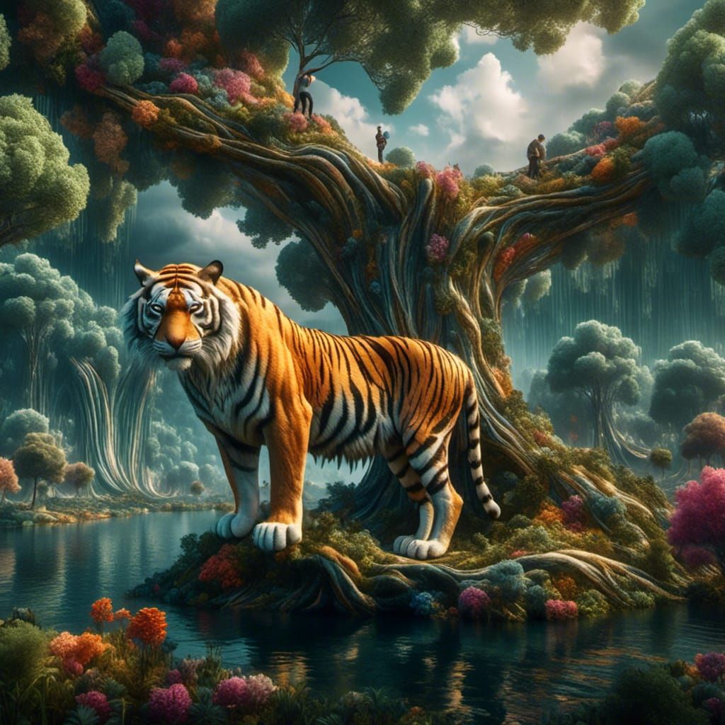 <lora:Halluciscape:1.0> a tiger in a tree
