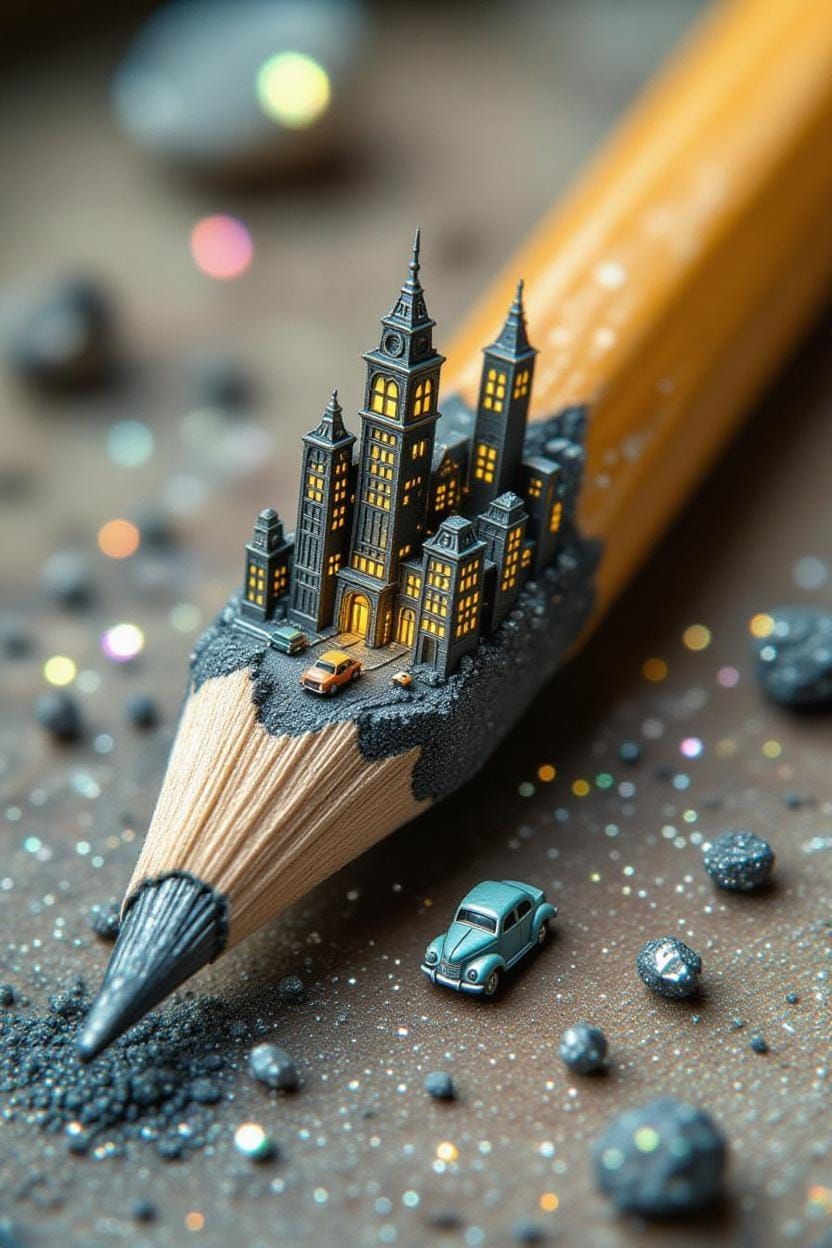 miniature city on a pencil