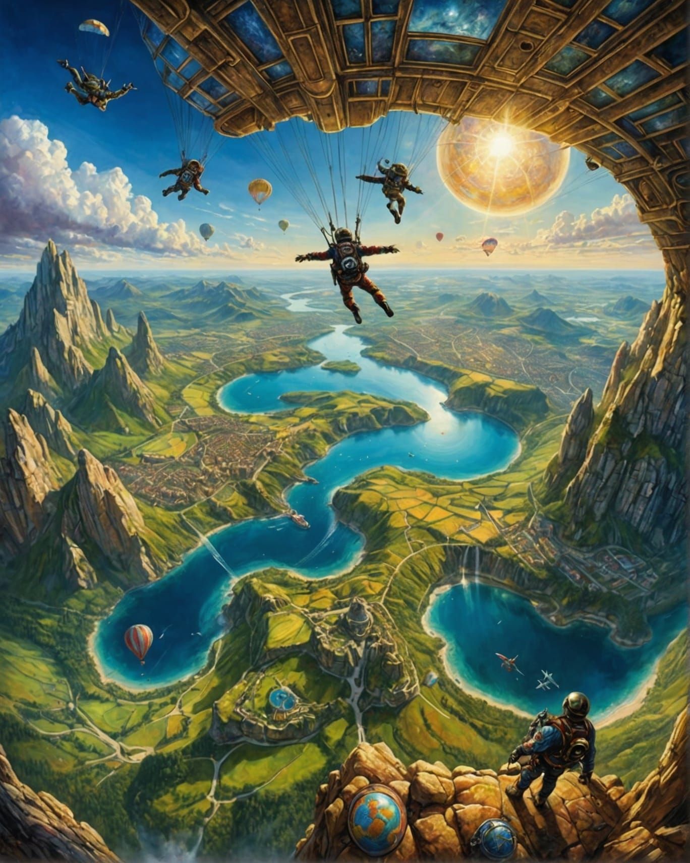 A point-of-view from a skydiver's perspective, looking down at the earth far below. by Josephine Wall : CGSociety : Mark Brooks