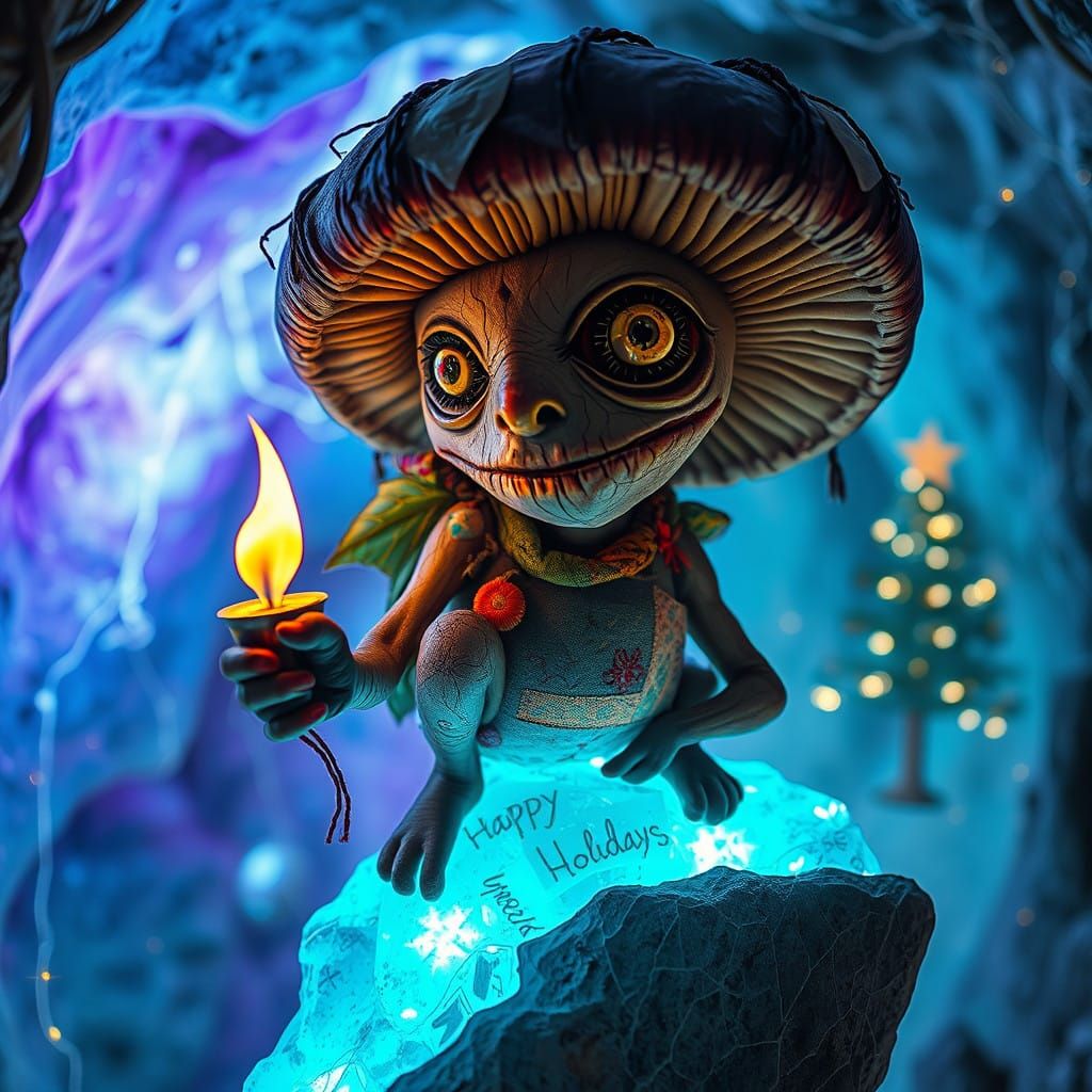 Whimsical Mushroom in Glowing Cave with Christmas Tree