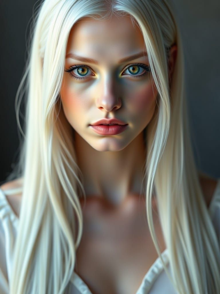 <lora:Boone:1.0> Hyper-realistic portrait of a young, elegant woman with fair skin. She has long, straight <white> hair, falling gently over...