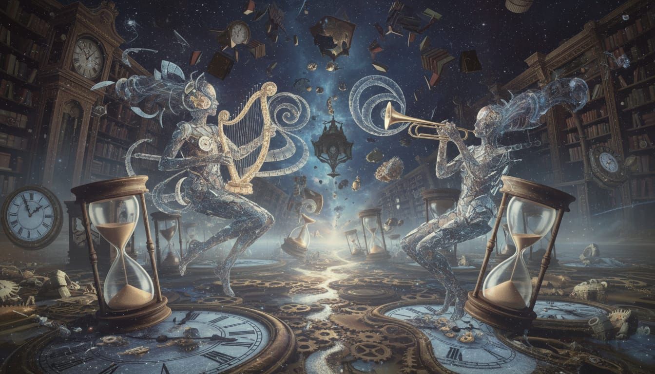 Ethereal temporal musicians playing time instruments. 