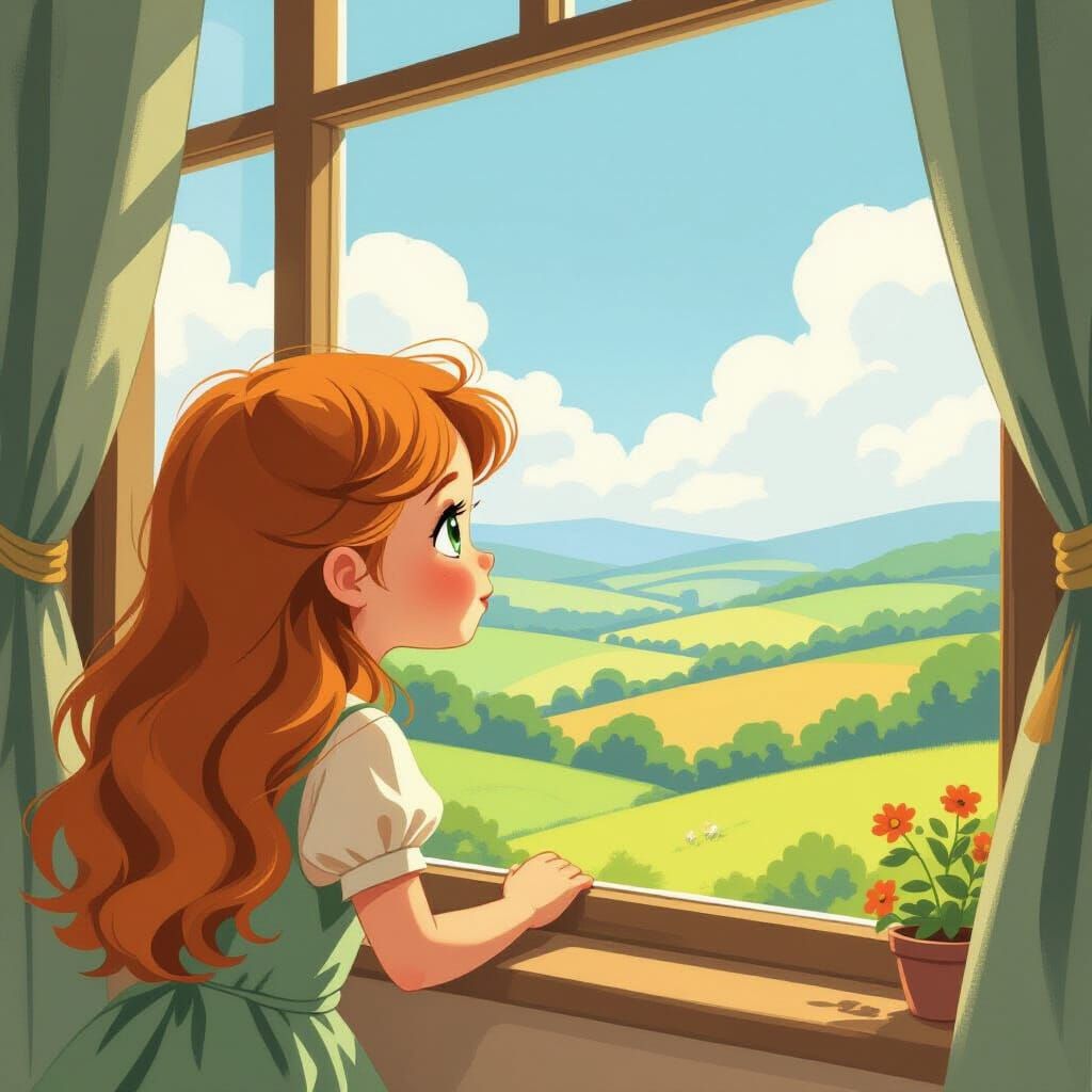 Ginger Girl Gazes at Vibrant Landscape in Storybook Style