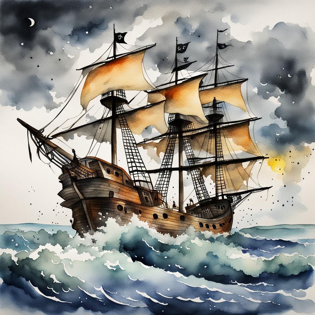 Pirate ship in a bad storm created in watercolor  by @Negativ G