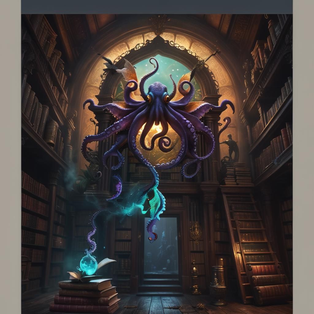 Epic Book octopus seahorse hummingbird Dark Academia