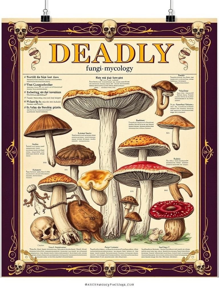 Elegant Reference Chart of "DEADLY" "FUNGI & MYCOLOGY" title, Latin labels, Edwardian script, sepia ink, ...  by @UnaXee