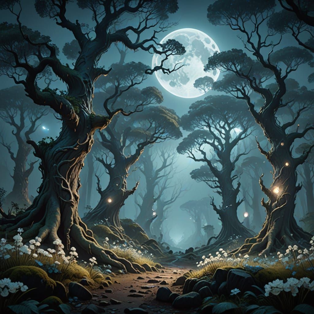 "A surreal, dream-like scene of a dense, foggy forest. Towering, gnarled trees with bark like cracked marble stretch toward a sky where two ...